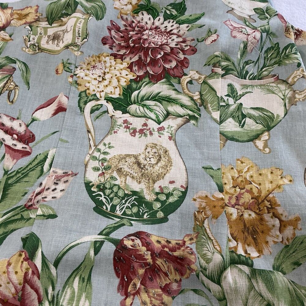 Virgo Chinoiserie Linen Sheath Dress Sz. 10P Beaded Grand Millennial 90’s Floral - Picture 11 of 16